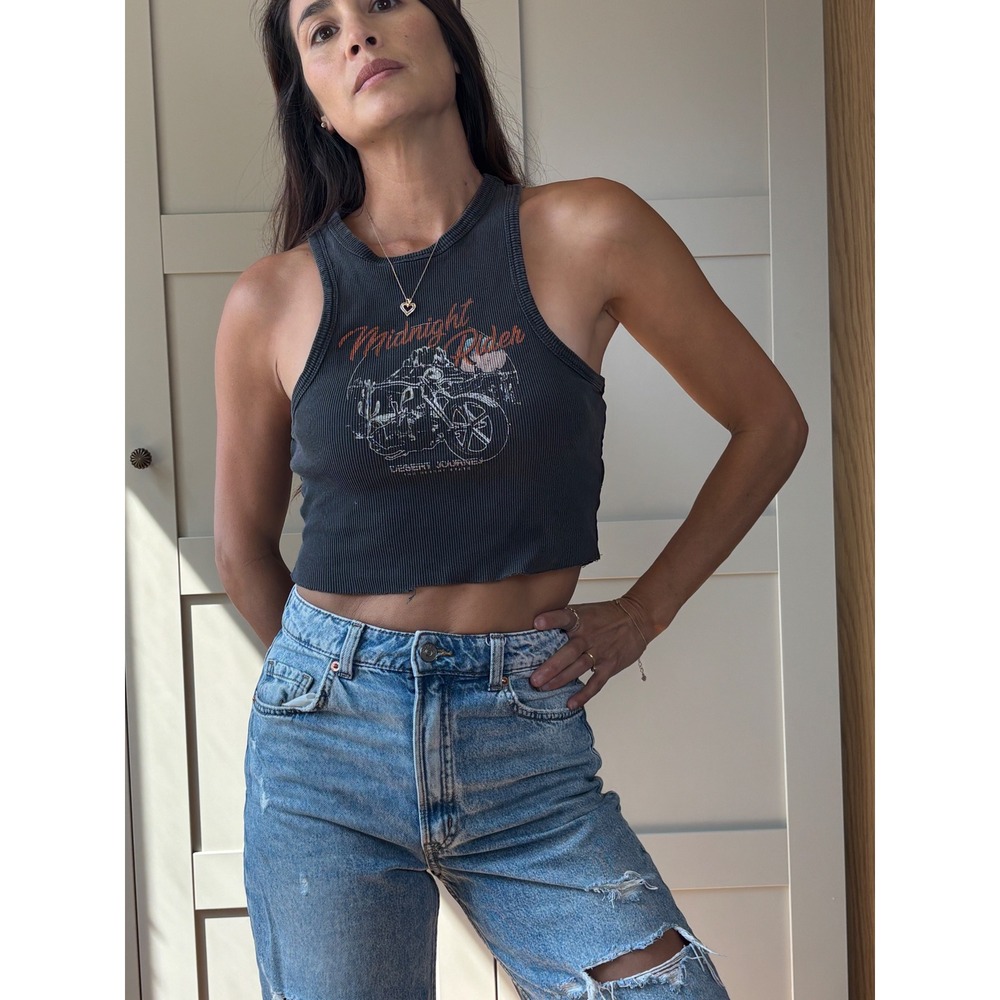 Garage Women's Midnight Rider Graphic Crop Tank Charcoal Grey Distressed S